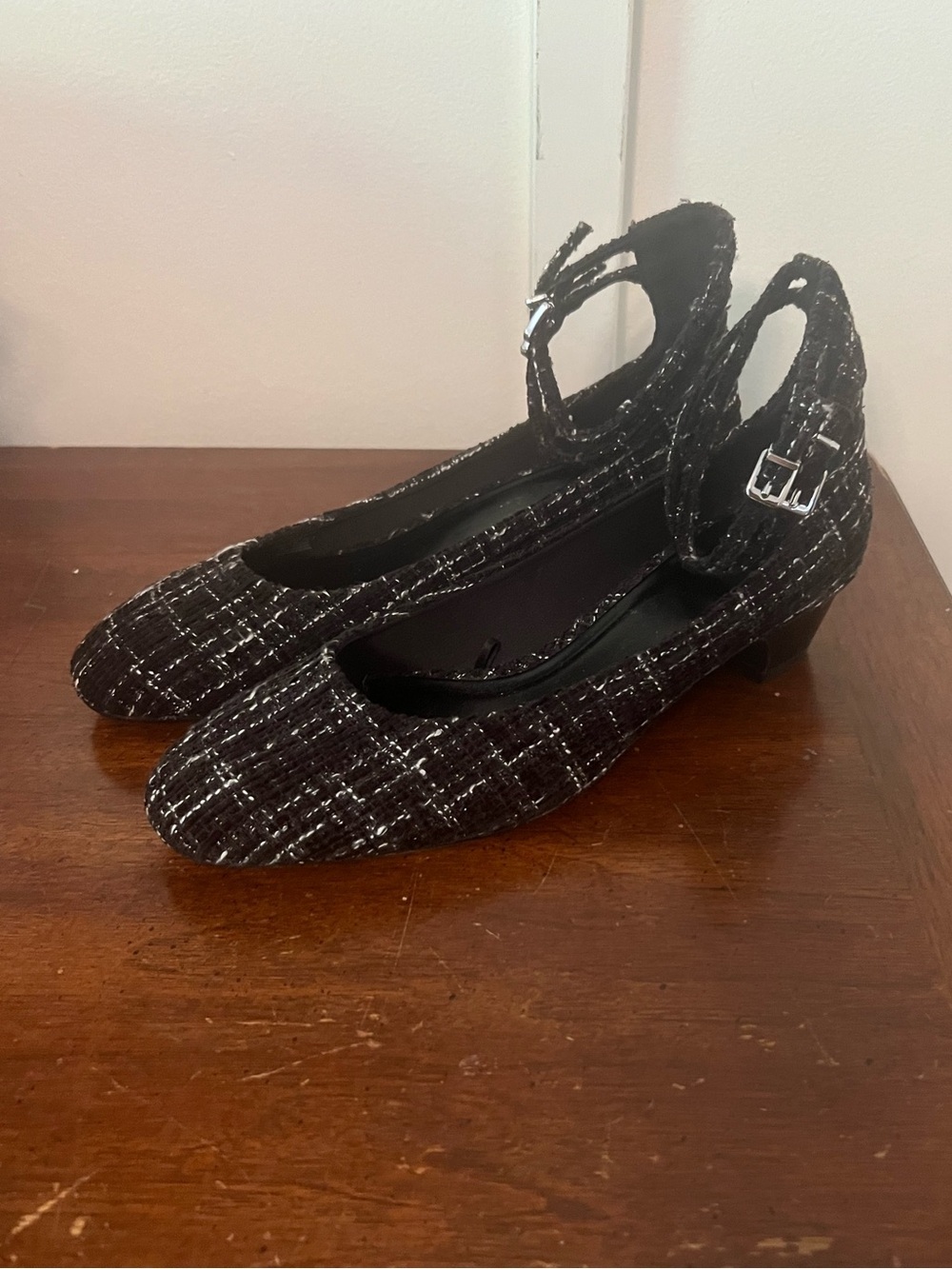 Zara Women's Black Tweed Ankle-Strap Pumps size 37 (US 6.5)